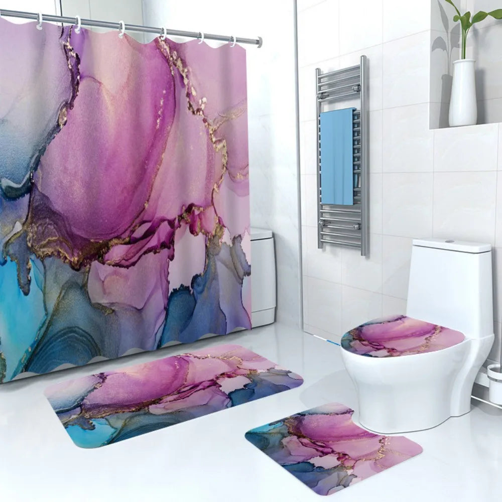 3D Blue Marble Print Shower Curtain 4 Piece Carpet Cover Toilet Cover Bath Mat Pad Set Bathroom Curtain with 12 Hooks Home Decor