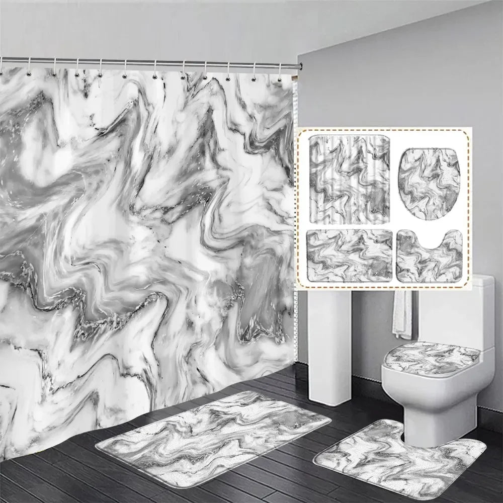 Gray Golden Crackle Marble Shower Curtain Set Modern Creative Marble Texture Fabric Bathroom Decor Curtain and Non-Slip Bath Mat