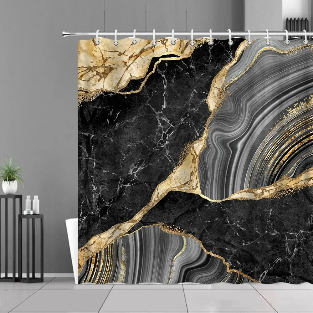 Gray Golden Crackle Marble Shower Curtain Set Modern Creative Marble Texture Fabric Bathroom Decor Curtain and Non-Slip Bath Mat