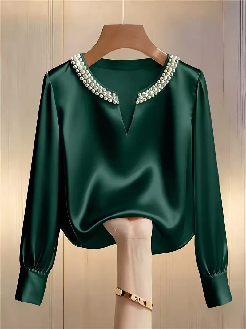 Satin Beaded V Neck Long Sleeve Blouse For Women Elegant Formal Top