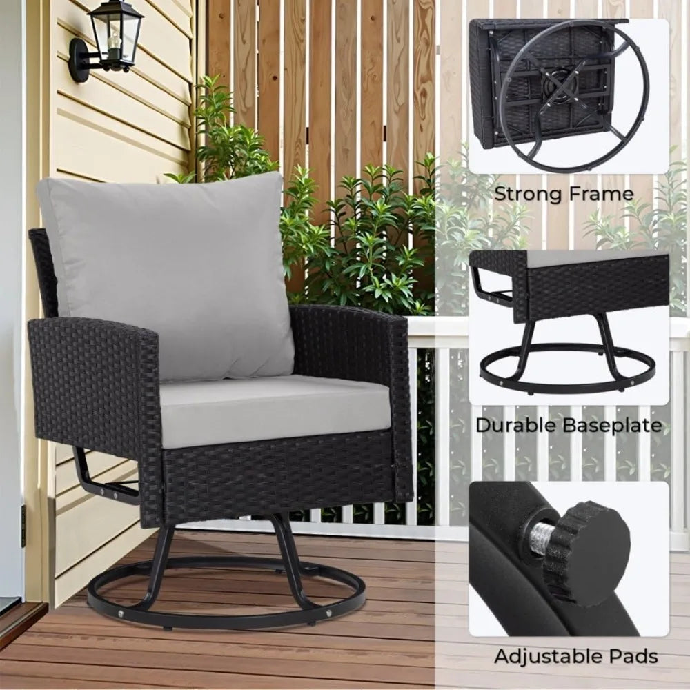 3 Pieces Swivel Patio Furniture Set,Outdoor Wicker Bistro Set with Glass Coffee Table and Thick Cushions for Garden, Balcony