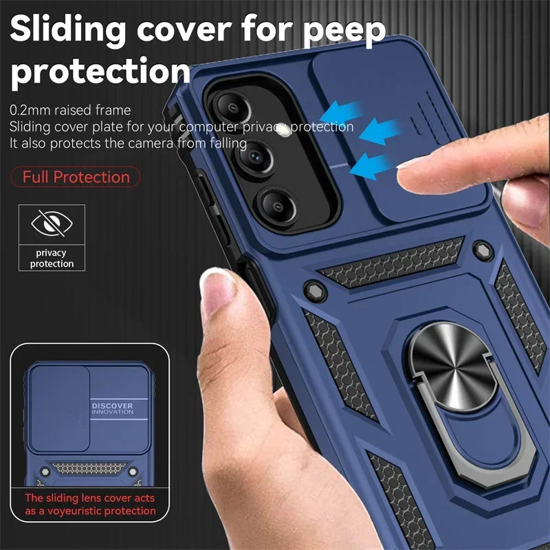 Slide Camera Lens Military Grade Armor Phone Case For Samsung Galaxy A16 A06 A15 A25 A35 A55 5G S24FE Holder Ring Stand Cover