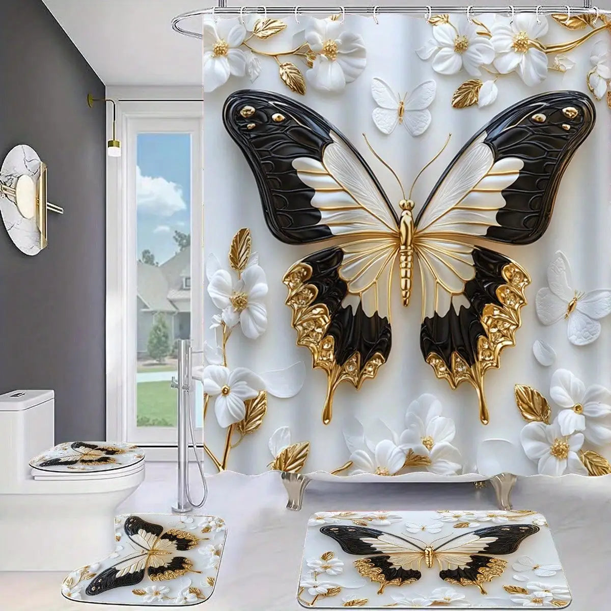 1/ 4pcs Platinum Butterfly Shower Curtain Set, Decorative Bathroom Set Includes Waterproof Shower Curtain, Non-Slip Floor Mat