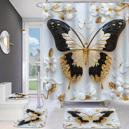 1/ 4pcs Platinum Butterfly Shower Curtain Set, Decorative Bathroom Set Includes Waterproof Shower Curtain, Non-Slip Floor Mat