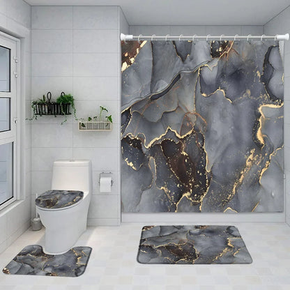 Gray Golden Crackle Marble Shower Curtain Set Modern Creative Marble Texture Fabric Bathroom Decor Curtain and Non-Slip Bath Mat