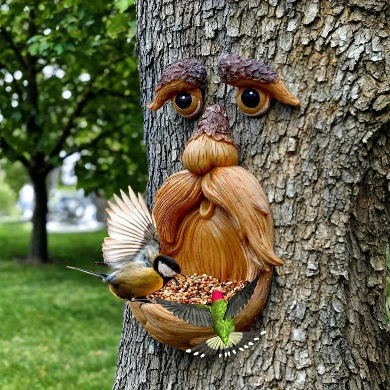 Tree Face Decor Bird Feeder Outdoor,Eyes Glow in Dark Fun Old Man Tree Hugger Sculpture Yard Art Garden Lawn Ornament Decoration